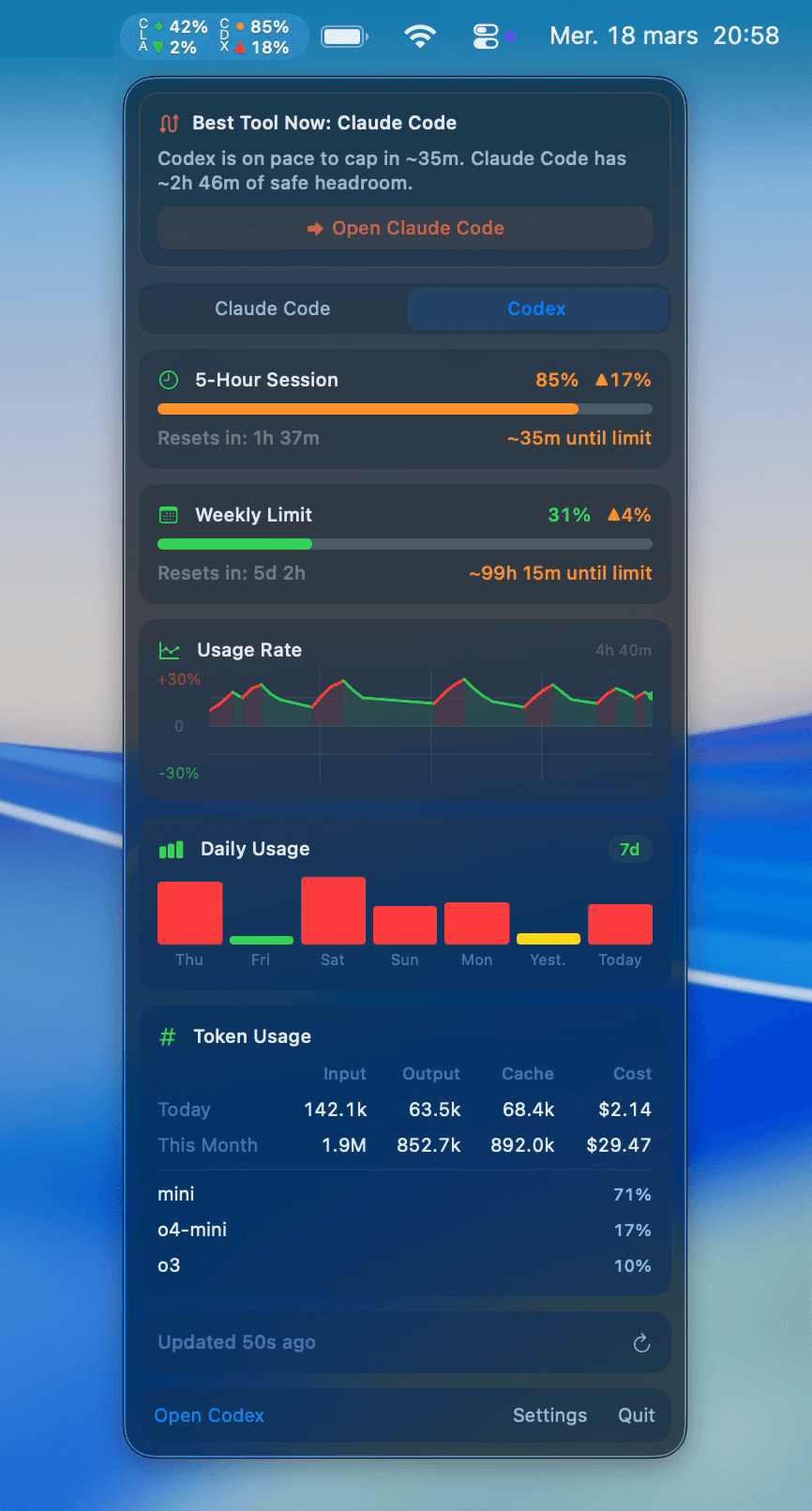 SessionWatcher showing Claude Code usage monitoring with session rate charts and token breakdown