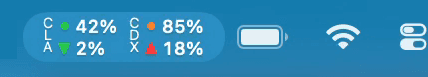 SessionWatcher menu bar showing usage percentages for Claude Code and Codex