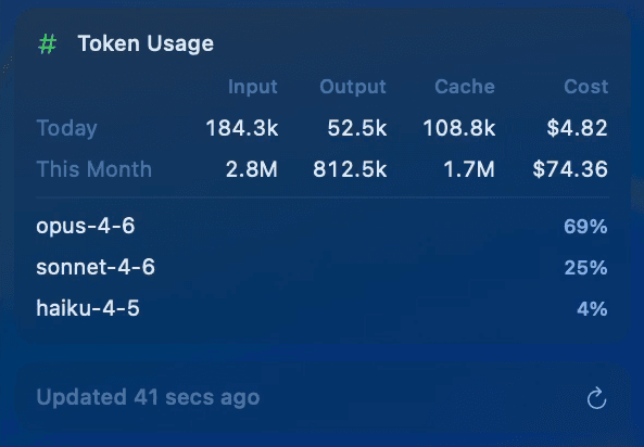 Token usage breakdown showing input, output, cache tokens and costs