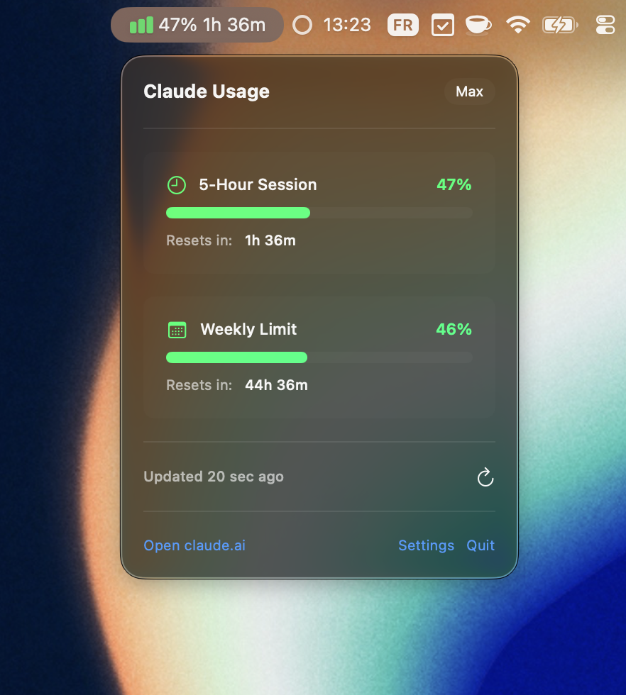SessionWatcher showing Claude usage in macOS menu bar